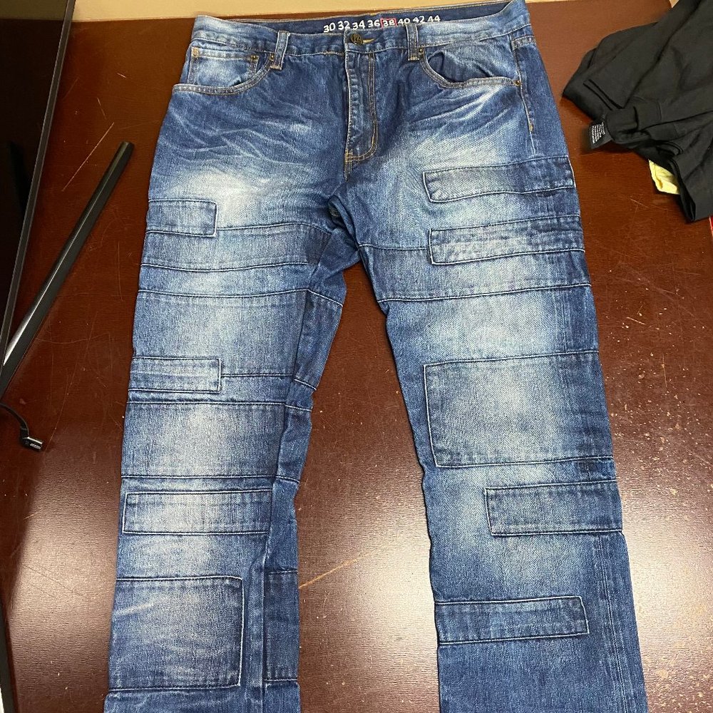 Denim House Mens Blue Medium Wash 5 Pocket Design Straight Jeans Size 38x34